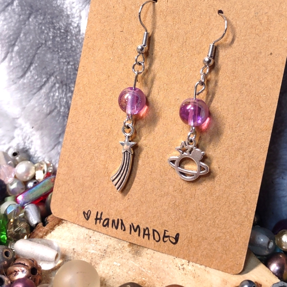 Purple Asymmetrical Galaxy Goddess Artisan Earrings
